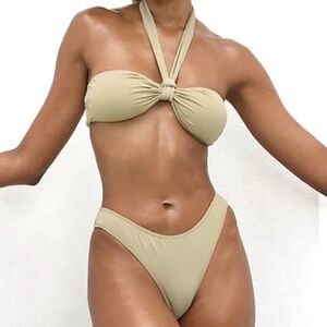 NWT Icon Swim Sunburst Bikini Set Khaki Halter Top High Leg Cheeky Bottoms Sz XL